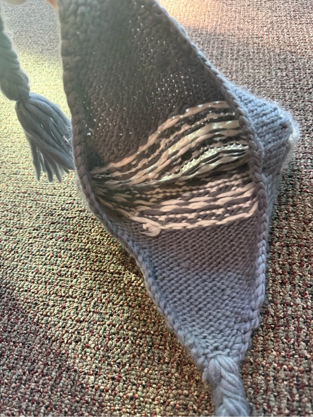 Gray Knit Earflap Hat with Braided Tassels